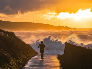 Man standing on a mountain top at sunset silhouette