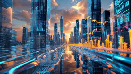 Futuristic skyline of glowing bar-chart towers—holographic finance meets digital cityscape.