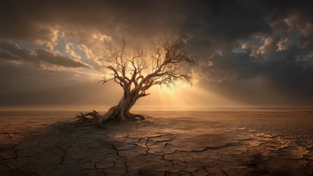 Solitary tree silhouette against dramatic sky in parched landscape at sunset