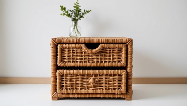 a futuristic sustainable nesting drawer box constructed from rattan weave, highlighted with woven rustic finish and compact lattice frame, renewable resource mark