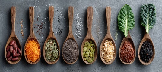 Wooden spoons filled with various foods, including beans, grains, seeds, and greens