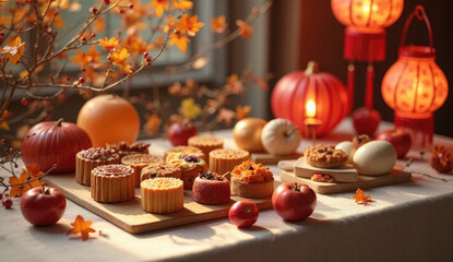Festive table with mooncakes, fruits, and decorative lanterns, soft natural light, autumn celebration theme
