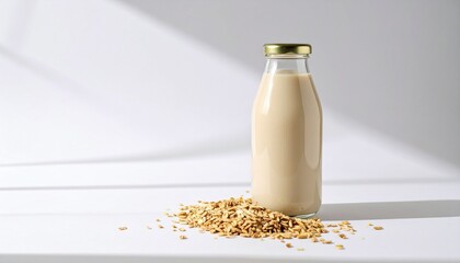Freshly made oat milk in a reusable glass bottle with raw oats, a healthy vegan alternative for a sustainable and dairy-free lifestyle