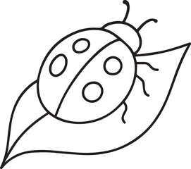 Outlined ladybug with spots perched on a leaf illustration in black and white line art design style