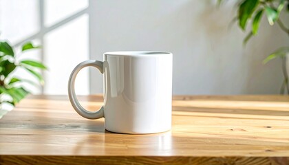 Fototapeta premium Clean white mug mockup on a wooden table, perfect for showcasing custom designs and branding in a bright, natural light setting with subtle plant elements