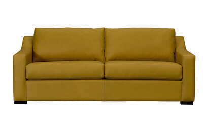 Contemporary mustard yellow leather sofa on white background in studio lighting + clipping path. Furniture, interior object.