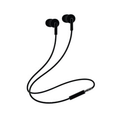 Black wired earbuds with a 3 5mm audio jack on a white background