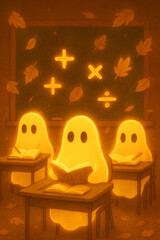 Three glowing ghosts study in warm lit classroom—magical, cozy, and perfect for fall. 
