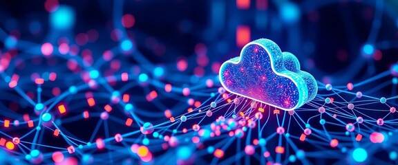 Abstract network nodes, data streams flowing to secure cloud storage, shielded by protective tools,   protection,  icon