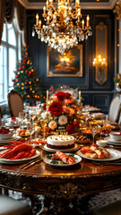 A lavishly decorated dining table set for a new year's celebration with food and a christmas tree