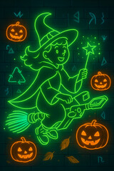 Neon witch flies on recycled broom—green sparkles, glowing glyphs, and playful pumpkin magic.
