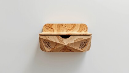 a futuristic sustainable wall mounted nightstand constructed from sugarcane bagasse ply, highlighted with natural speckled pattern and geometric faceted body, laser cut ventilation details