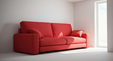 A vibrant red sofa sits in a minimalist, sunlit room.