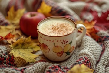Cup of coffee with autumn leaves on table