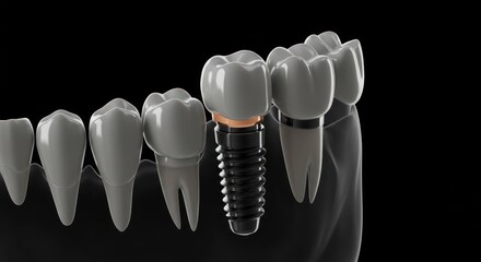 A close-up, detailed illustration showcasing a dental implant procedure, highlighting the artificial tooth and surrounding teeth.