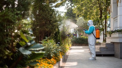 Obraz premium Professional Worker Disinfecting Garden in Safety Suit