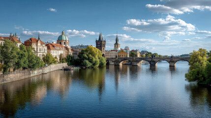 Fototapeta premium picturesque view of ancient european capital featuring historic bridges spanning over serene rivers