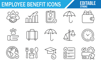 Set of icons representing employee insurance, rewards, and workplace health benefits.
