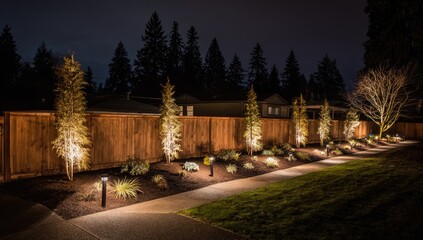 Nighttime garden path with illuminated trees and fence