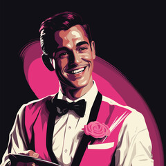 A young man with a bright smile is dressed in a stylish pink suit with a black bow tie. He is holding a tablet, radiating a joyful and friendly vibe, surrounded by vibrant colors.