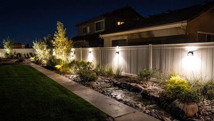 Obraz premium Nighttime backyard oasis with illuminated fence and landscaping