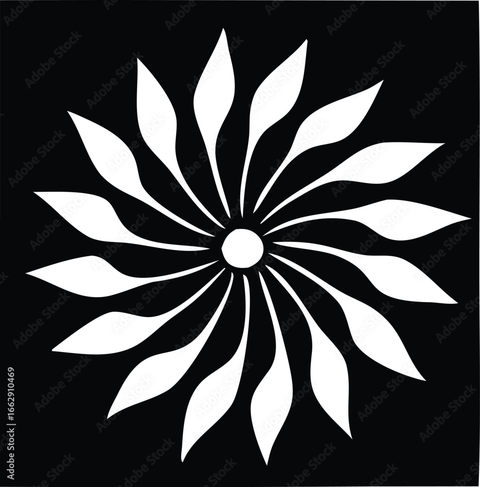 Poster abstract white petal starburst design with central circle element radiant pattern graphic motif circ