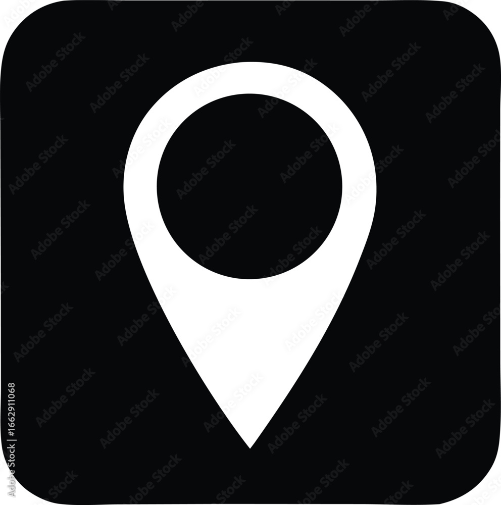 Poster simple white map pin icon with rounded corners on a black square background representing location an