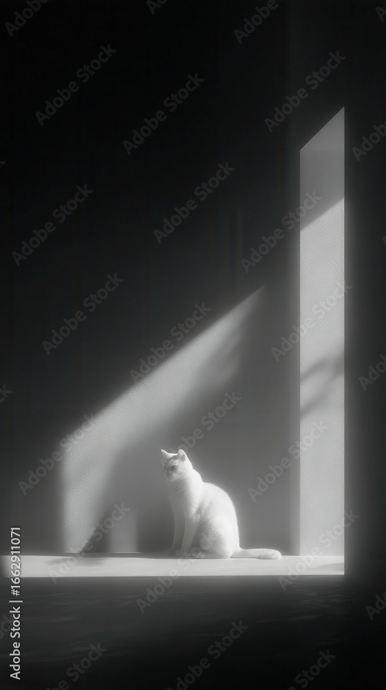 Poster minimalist workspace with soft shadows, monochrome decor, fingers resting on a surface, creating a c