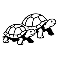Black and White Vector Graphic of an Adult and Baby Turtle Walking Together, Representing Family or Partnership