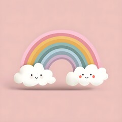 Cute cartoon rainbow with smiling clouds on a soft pink background, ideal for children's decor
