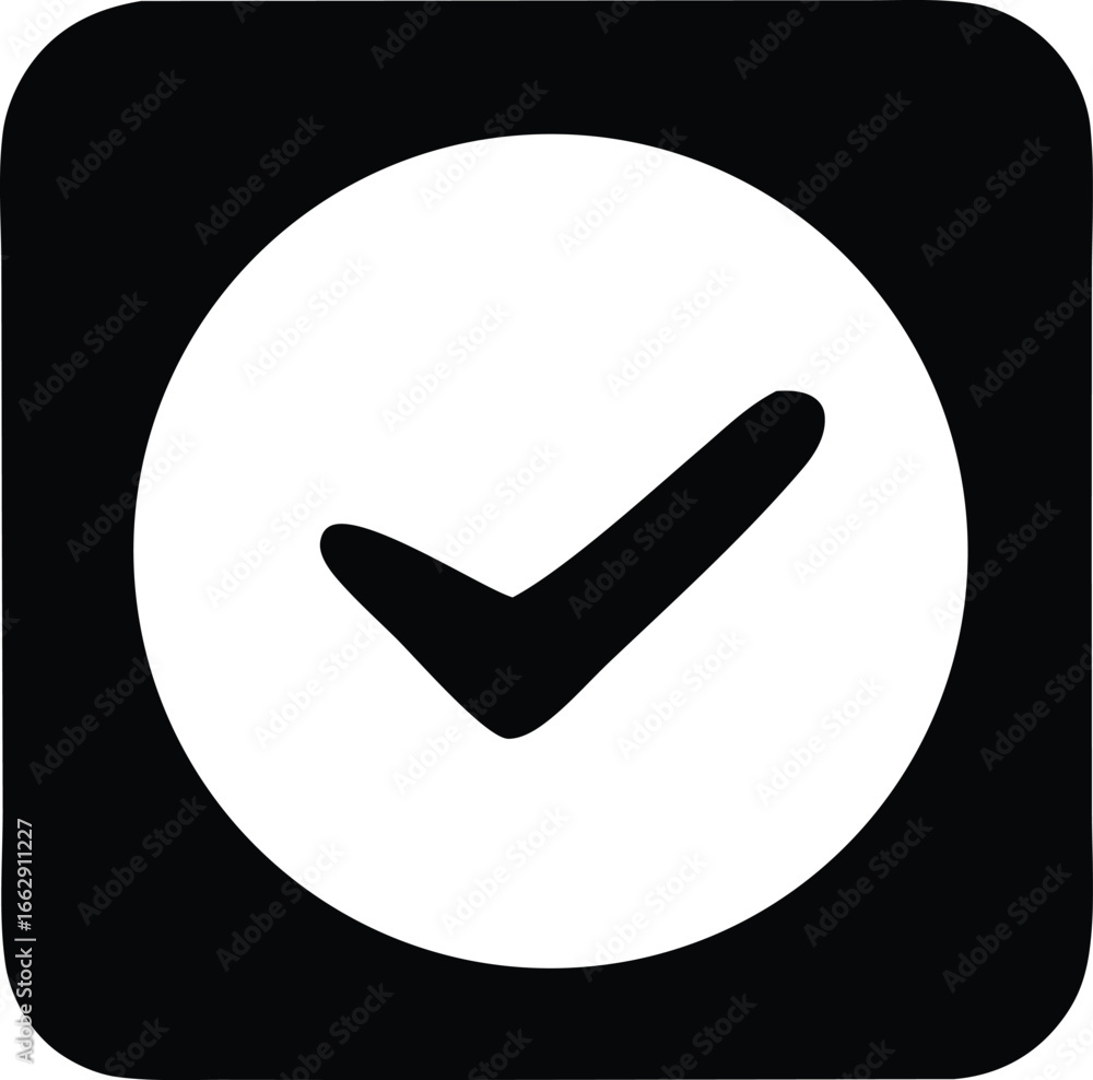 Poster simple black and white checkmark icon inside a circle against a square background for digital applic