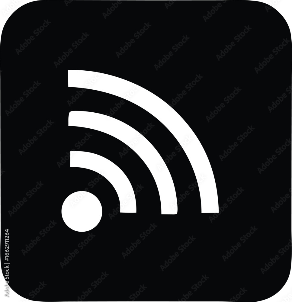 Poster simple and clean rss feed icon symbol black square with white wi-fi waves and signal dot modern digi