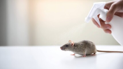 Pest Control Action: Woman Spraying Rat on White Table