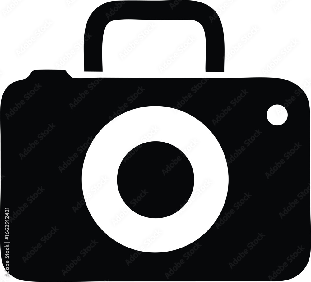 Poster simple black and white icon of a camera with a large lens and carrying handle representing photograp