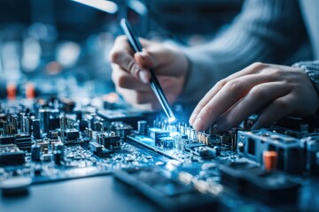 Close-up of engineer's hands working on electronic circuit board with precision tools in high-tech laboratory environment, showcasing innovation in technology and electronics