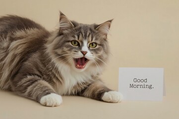 Yawning cat holding card, studio, beige background, greeting
