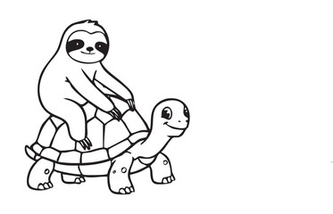 Cute Sloth Riding Happy Turtle - Friendship Animal Outline Illustration