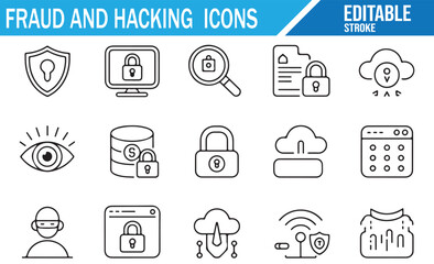 Modern icons for online fraud and hacking prevention, line design.