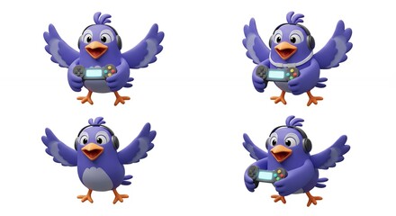 Cartoon bird characters playing video game