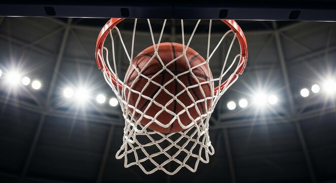 The Perfect Swish: A Dramatic, Photorealistic Shot of a Basketball Cradled in the Net.