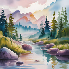 Watercolor Serenity: Immerse yourself in a tranquil watercolor landscape, where a gentle river meanders through a valley framed by majestic mountains and lush evergreen trees.