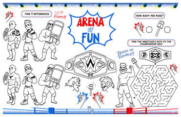 Festive placemat for kids. Printable sheet "Arena of fun" with a labyrinth, find differences, and a coloring page. 17x11 inch printable vector file