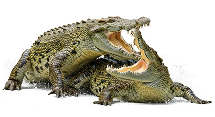 Naklejka premium Two crocodiles with open mouths, positioned close together, against a plain white background.