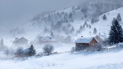Snowy landscape with rustic cabins amidst a heavy snowfall, evoking a serene winter atmosphere