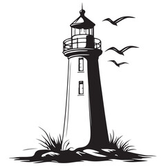 black silhouette of lighthouse on rocky coast with seagulls flying around, clean composition, simple vector lines on white background 