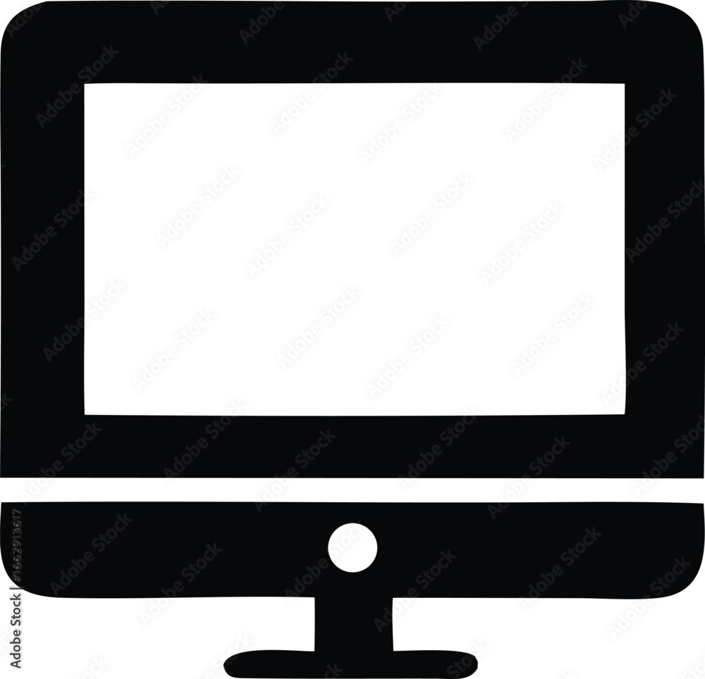Poster simple black and white icon of a computer monitor displaying a blank screen ready for content creati