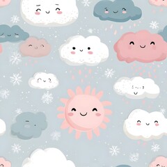 Fototapeta premium Cute cartoon clouds and sun pattern with smiling faces on a light gray background, ideal for children's decor