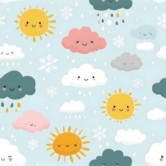 Whimsical pattern of smiling suns and clouds against a light blue background, ideal for children's decor