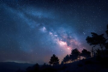 Starry night sky showcasing the Milky Way above a serene forest landscape with silhouettes of trees