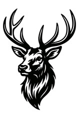 Naklejka premium Striking black and white illustration of a stag's head, featuring impressive antlers and a powerful gaze.